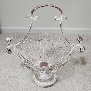 Charming Vintage Style French Metal Wire Basket Chippy Wooden Pedestal Planter